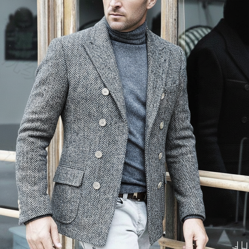 Men's Business Double-breasted Herringbone Faux Wool Blazer MTA1380J9U