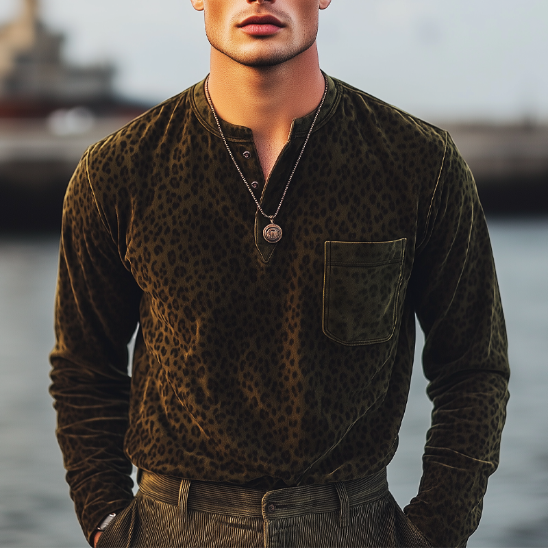 Men's Classic Henley Collar Leopard Suede Long Sleeve T-Shirt MTA3160G4U