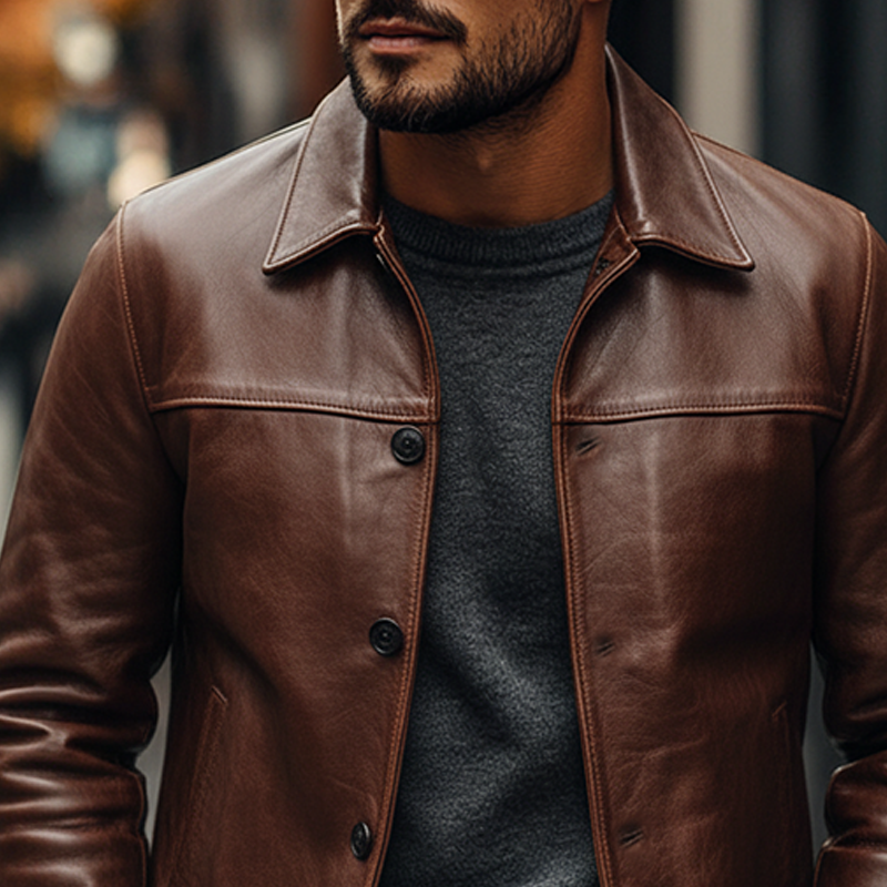 Men's Retro Solid Color Lapel Button PU Jacket MTA0510L8X