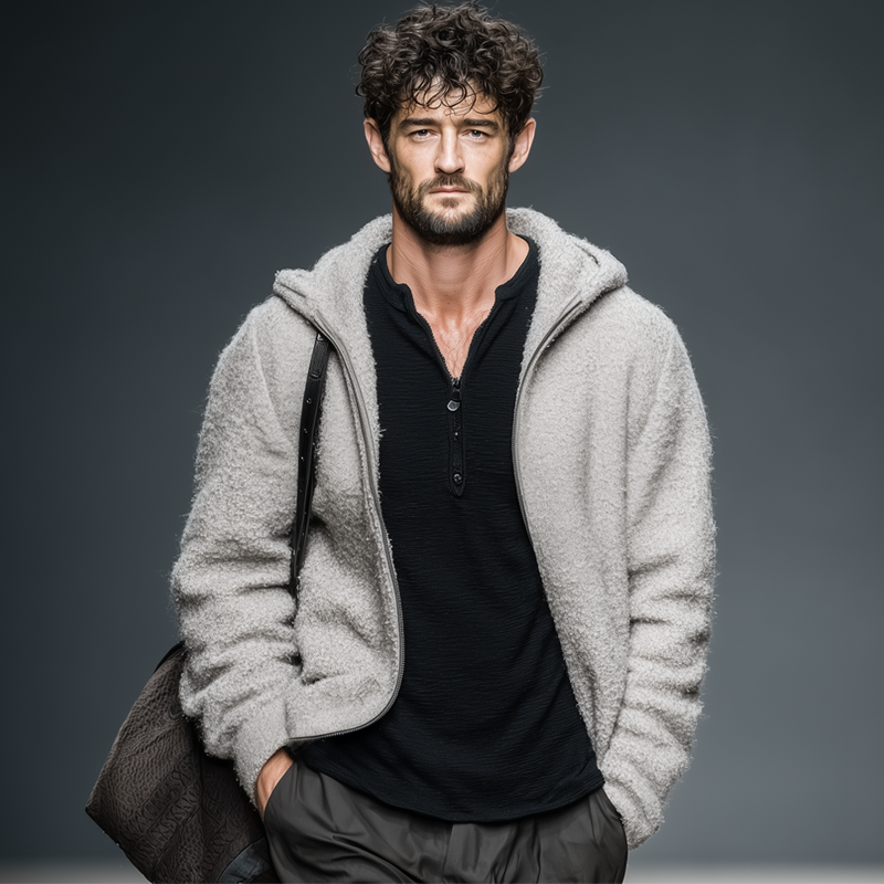 Men's Casual Light Grey Polar Fleece Zip-Up Hooded Jacket MTA2229J6U