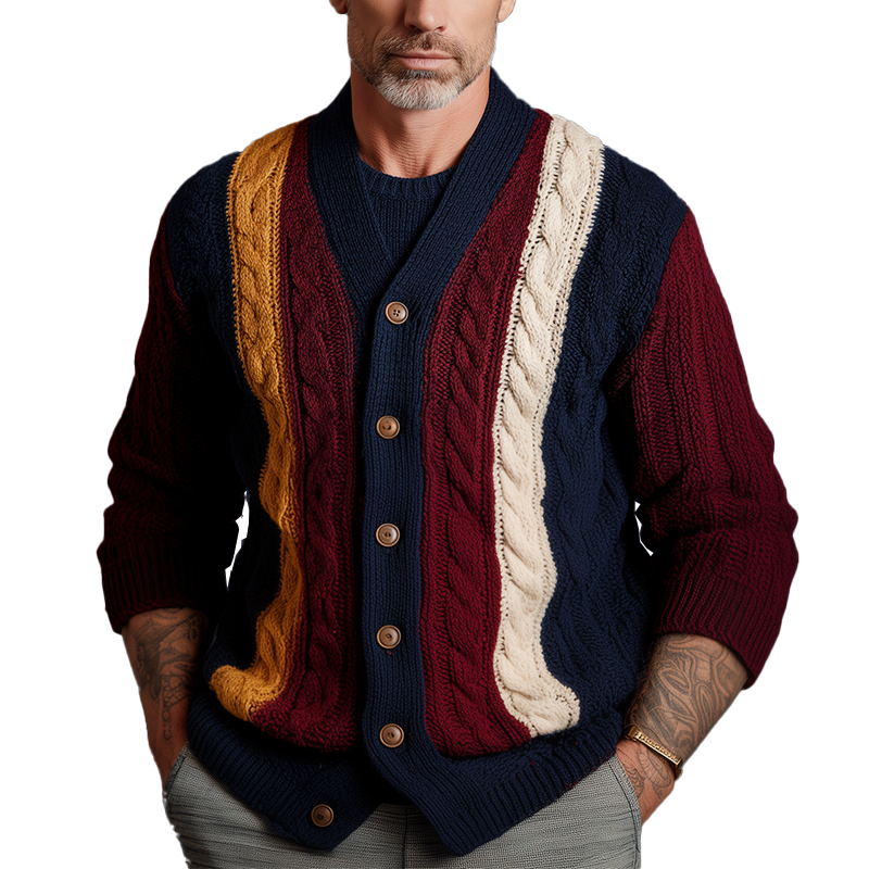 Men's Autumn And Winter Retro Color-Contrast Twist Pattern Knitted Cardigan MTA0894I8P