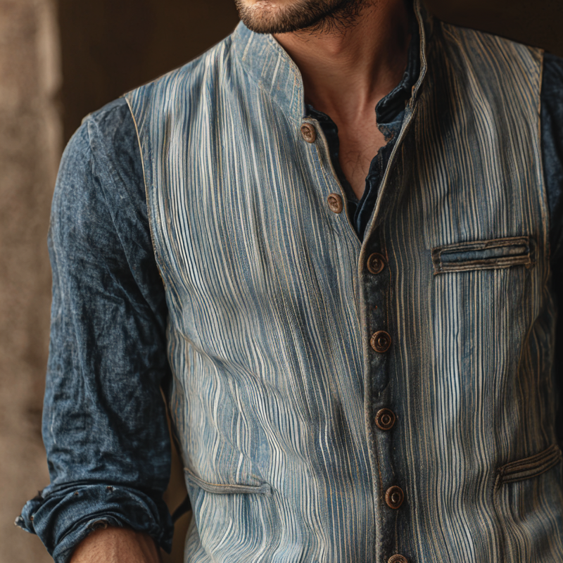 Men's Fashion Striped Denim Stand Collar Single Breasted Vest MTA2819H4Z