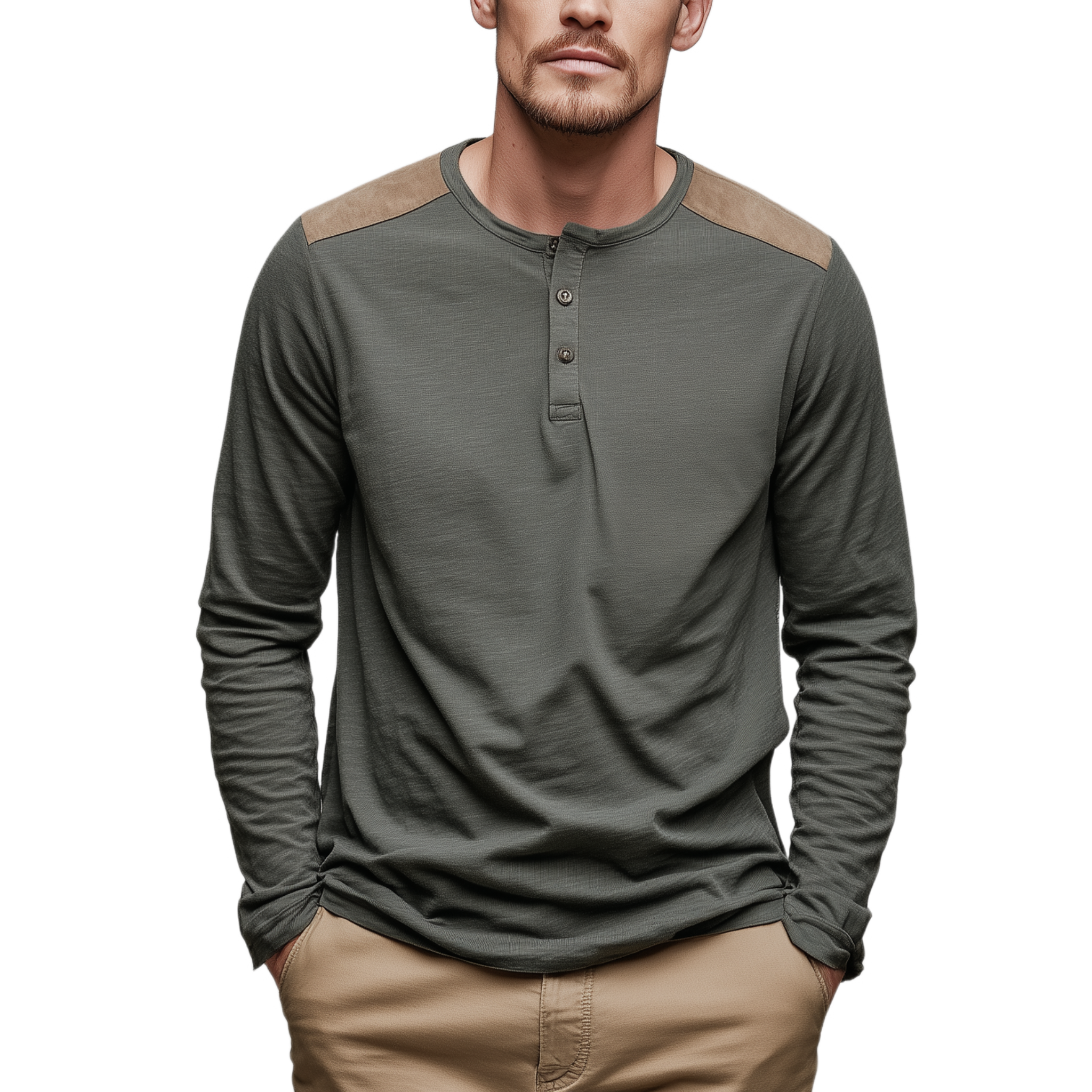 Men's Classic Casual Shoulder Paneling Thin Suede Henley Collar Bamboo Cotton Long Sleeve T-shirt MTA3054G1K