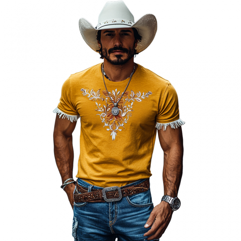 Men's Casual Cotton Round Neck Chest Embroidery Cuffs Stitching Tassel Slim Fit Short Sleeve T-shirt MTA2175E4M