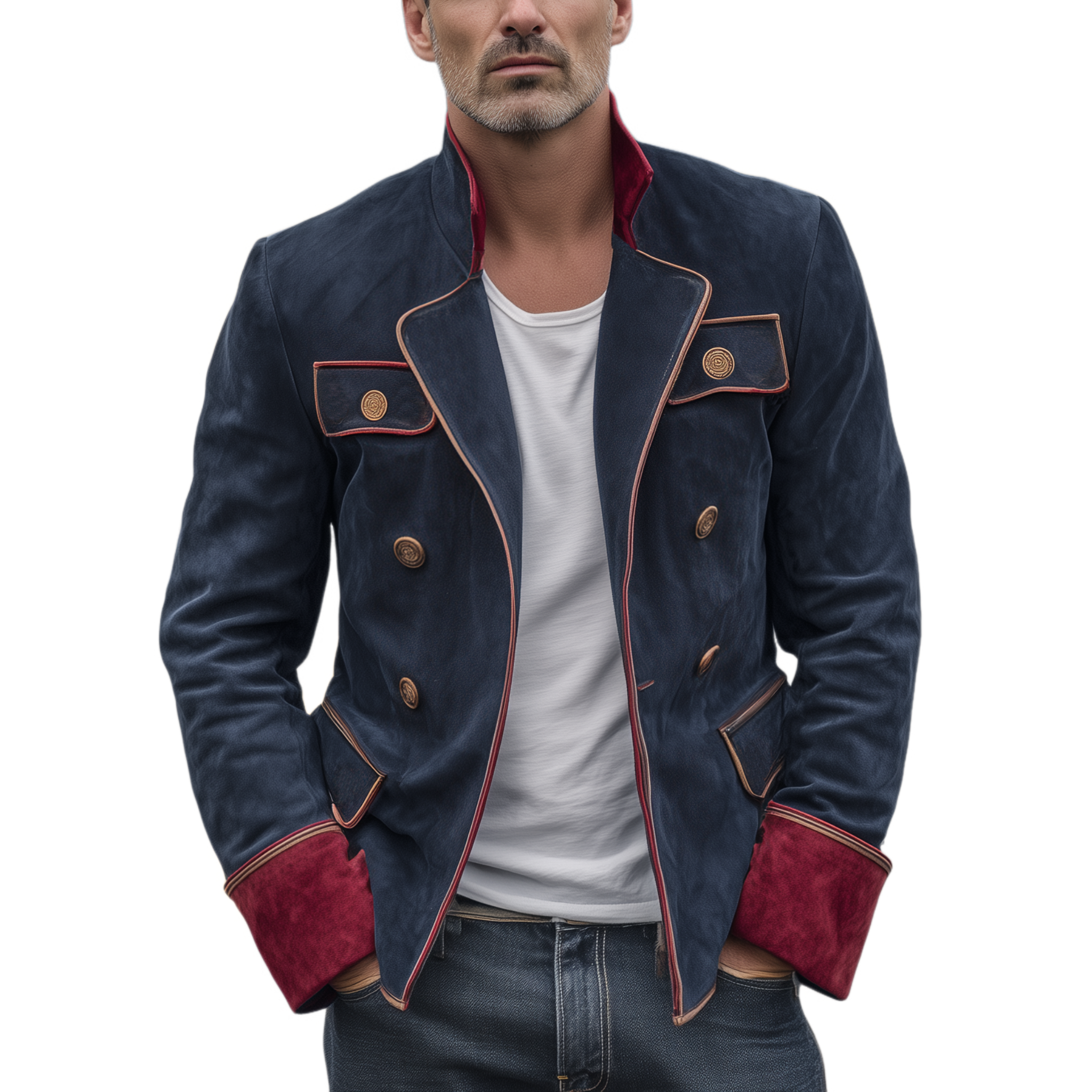 Men's Classic Vintage Double Breasted Lapel Contrast Suede Jacket MTA2796H7K