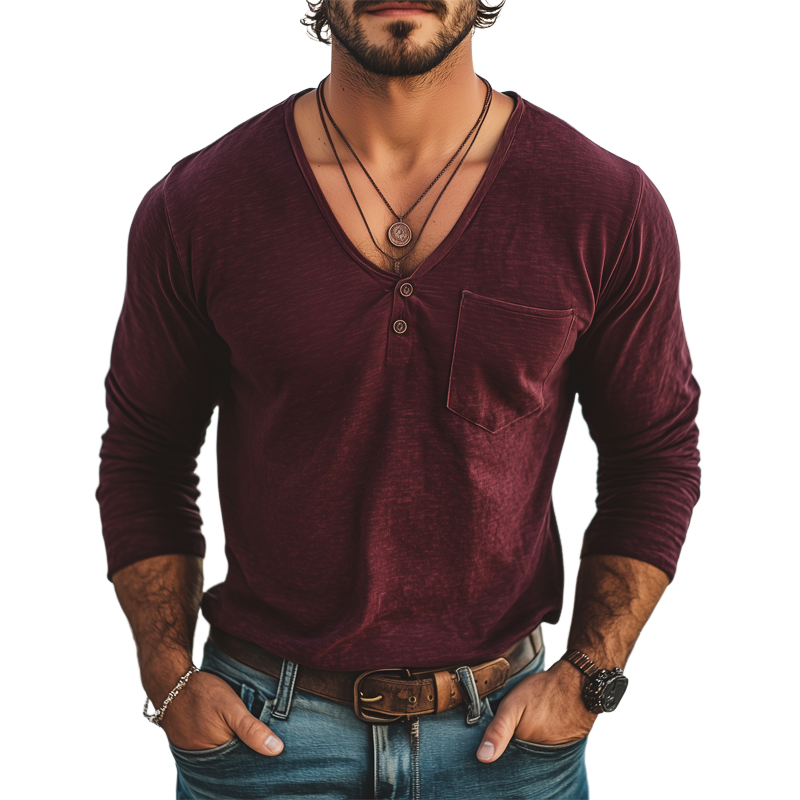 Men's Basic Deep V Neck Cotton Solid Color Long Sleeve T-Shirt MTA2494G0U