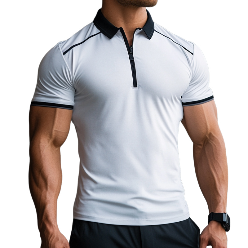 Men's Retro Casual Cotton Lapel Zipper Short Sleeve T-Shirt MTA2795E0TO