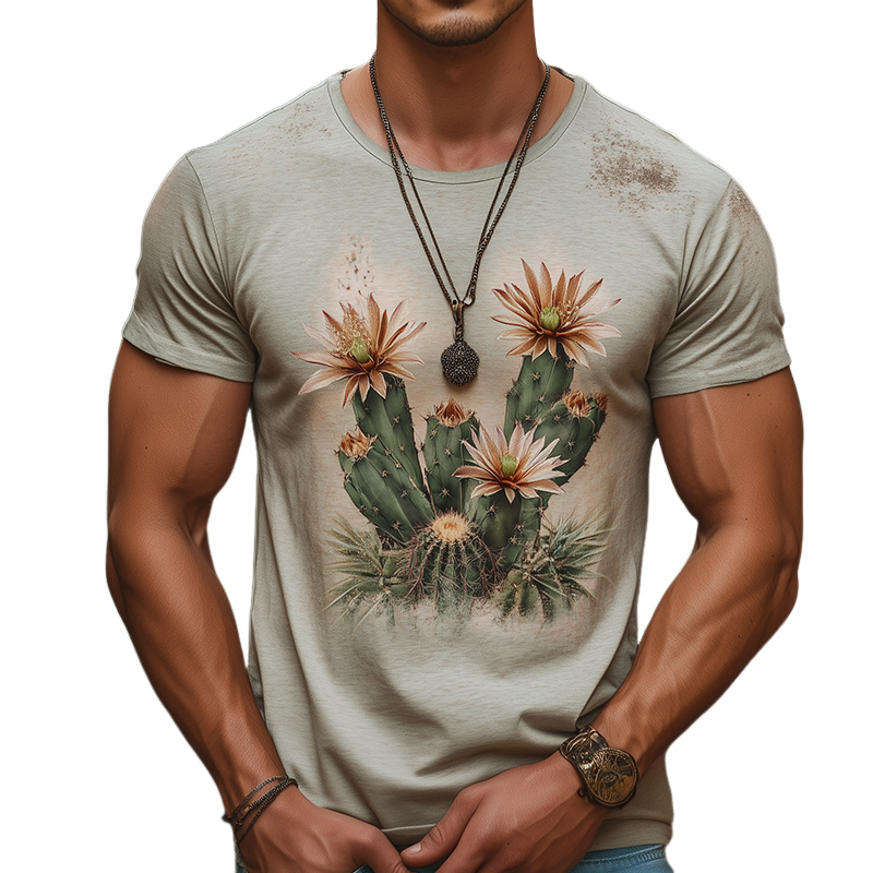 Men's Retro Western Cactus Print Casual Round Neck Short Sleeve T-Shirt 45833685TO