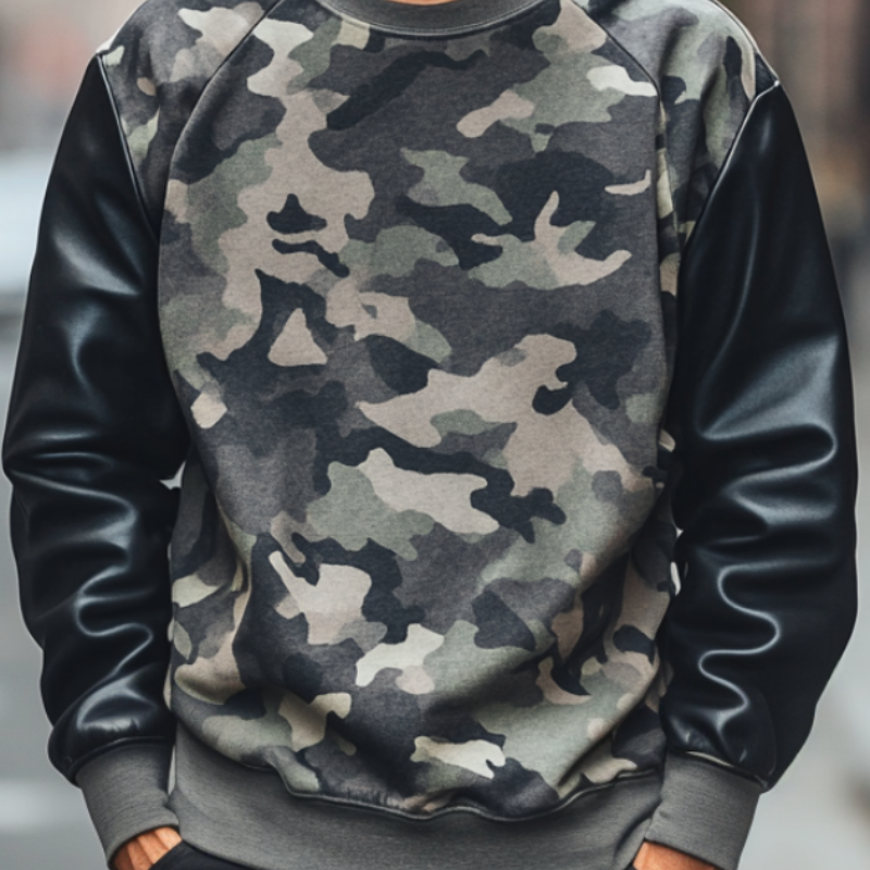 Men's Casual Classic Camouflage Patchwork Crew Neck Sweatshirt 99880164F