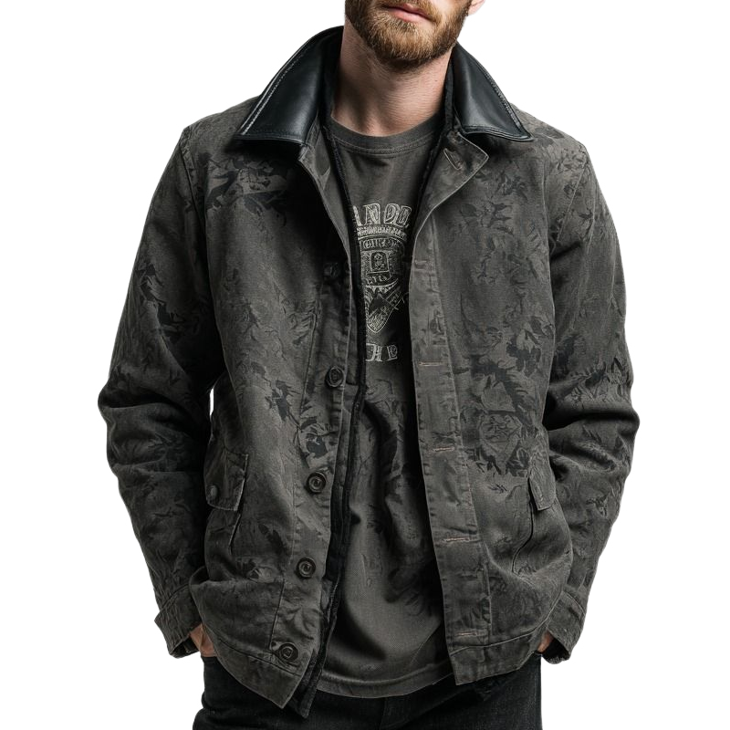 Men's Vintage Dark Print And PU Leather Collar Button Jacket MTA2151J4U