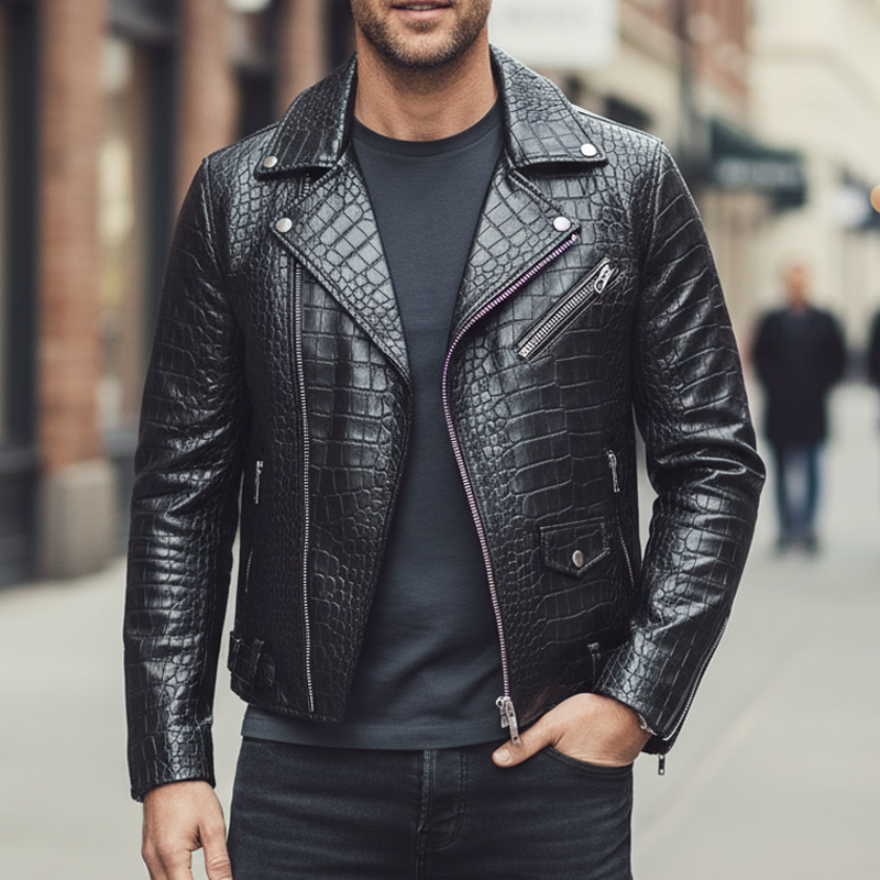 Men's Solid Color Imitation Crocodile Leather Lapel Motorcycle PU Jacket MTA1007I5X
