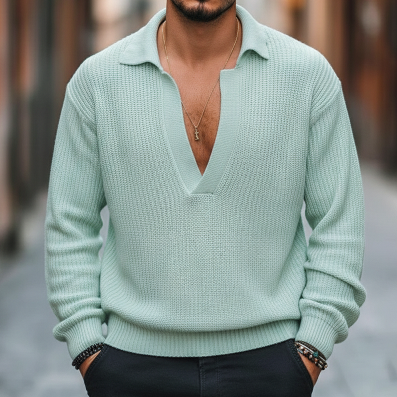 Men's Retro Casual Solid Color Knitted Lapel Pullover Sweater MTA2458I8TO