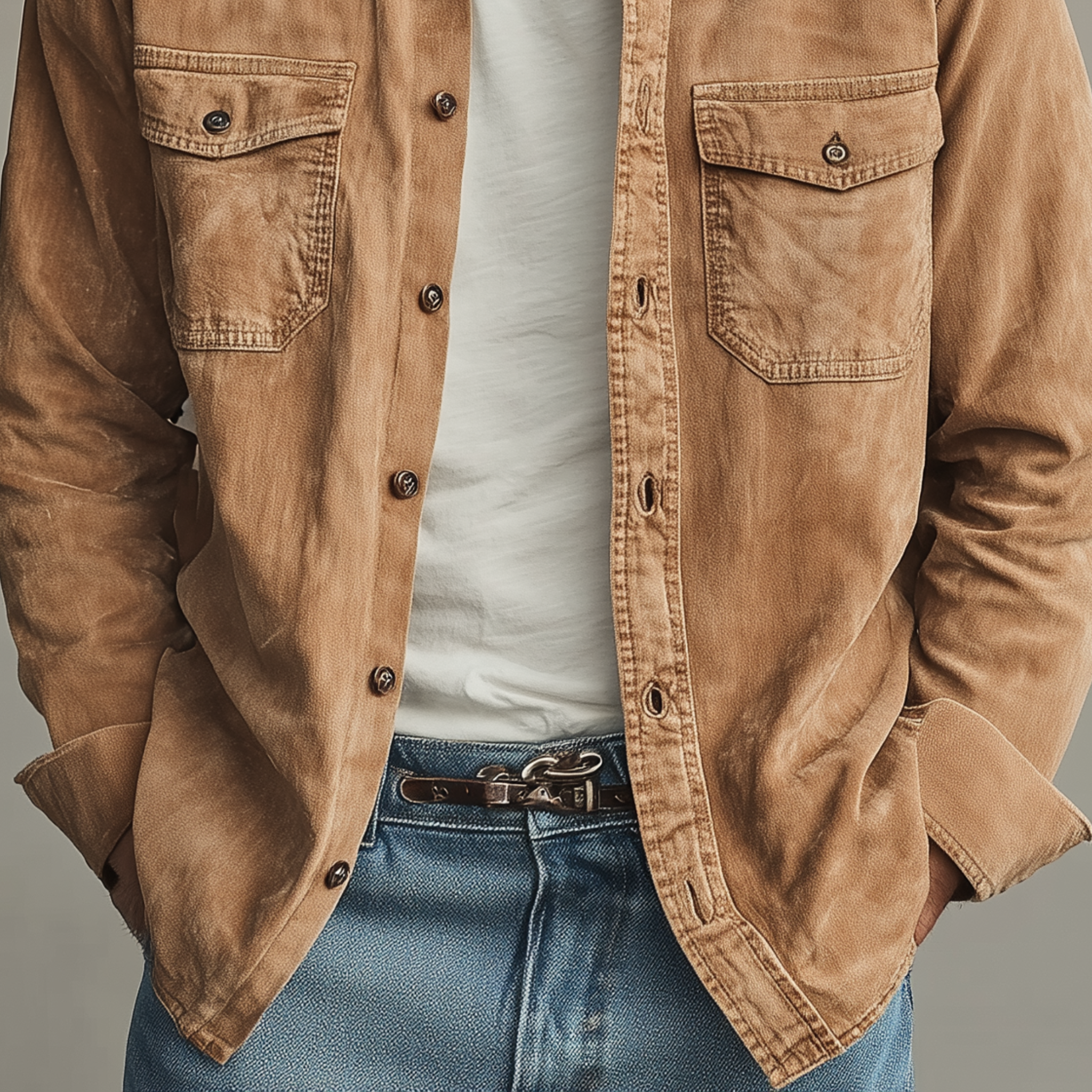 Men's Classic Casual Washed Thin Suede Lapel Long Sleeve Shirt MTA2457G7K