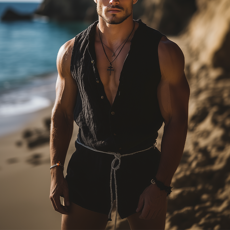 Men's Summer Fashion Leisure Vacation Sexy Deep V Neck Cotton And Linen Jumpsuit (Without Belt) MTA2698E5K