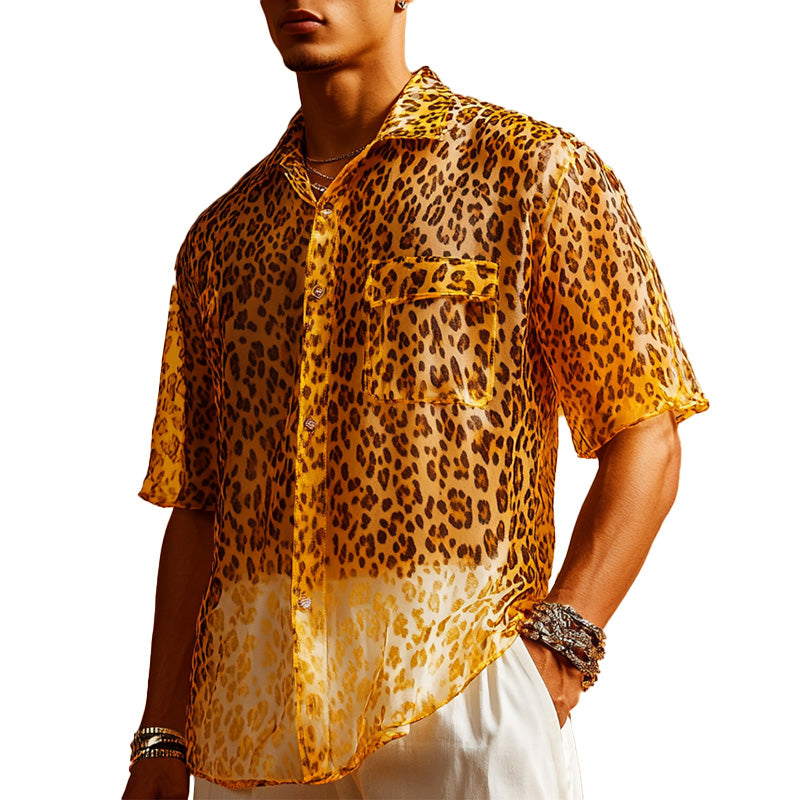 Men's Summer Cool Breathable Leopard Print Organza Short Sleeve Shirt MTA2770E8P