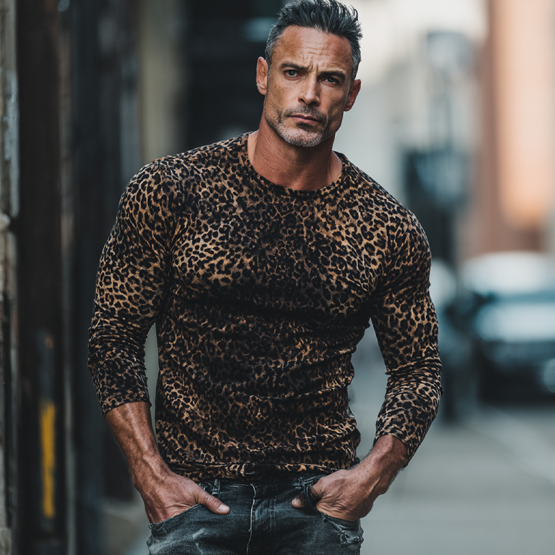 Men's Leopard Print Crew Neck Long T-shirt MTA1437H3X