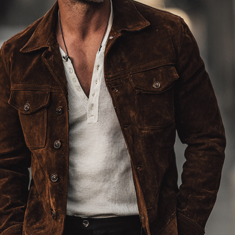 Men's Retro Solid Color Suede Slim Fit Jacket MTA1594H5X