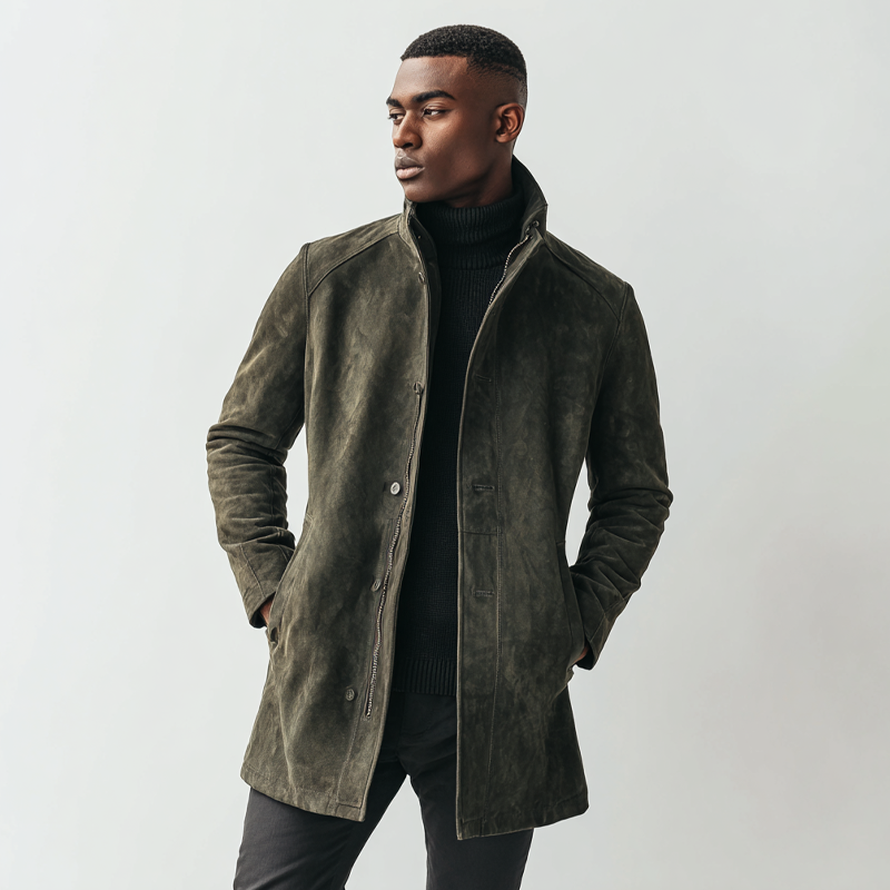 Men's Vintage Stand Collar Faux Suede Mid-Length Zipper Coat MTA0651H0X