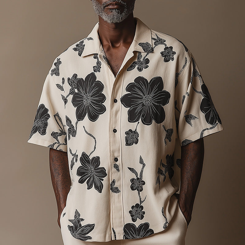 Men's Summer Retro Style Solid Color Print Linen Short Sleeve Shirt MTA2275E8P