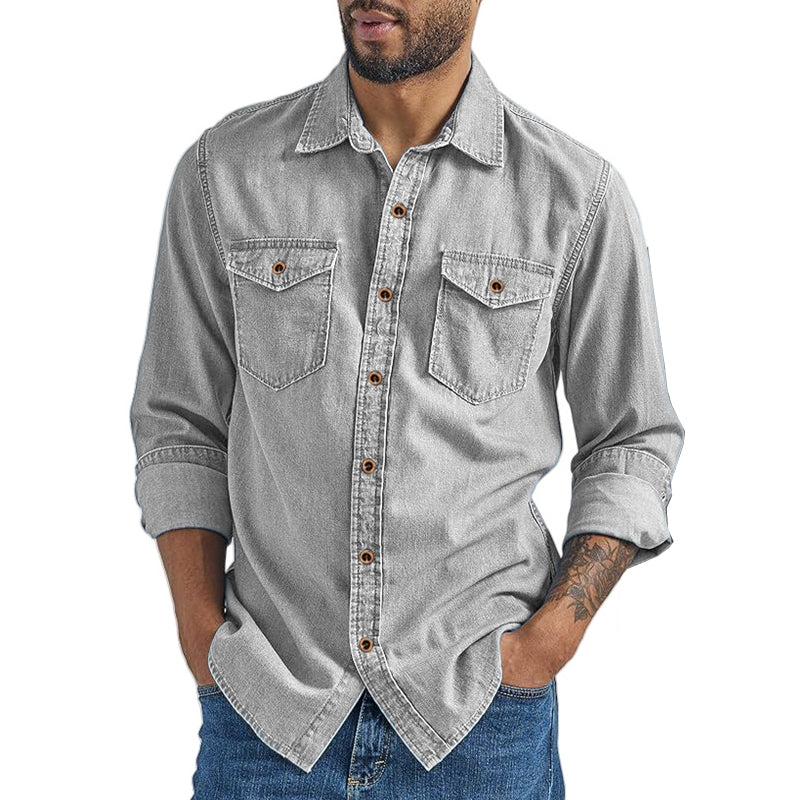 Men's Solid Color Long Sleeve Loose Vintage Denim Shirt MTA0665E3X