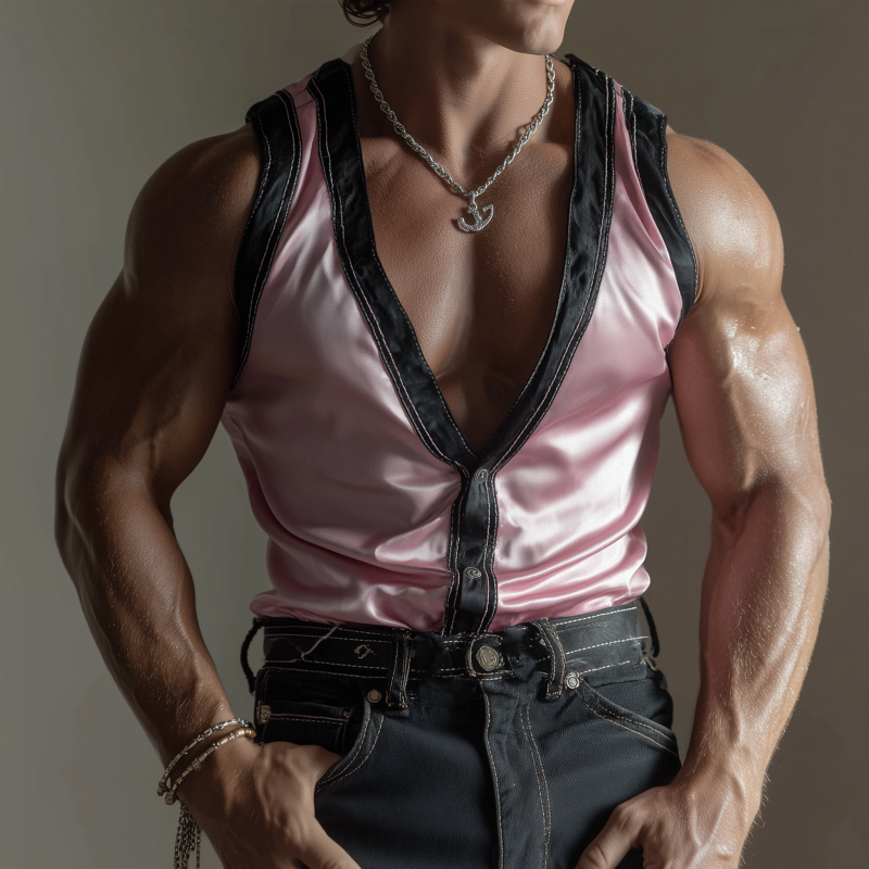 Men's Elegant Colorblock Satin Deep V-Neck Single-Breasted Slim Fit Tank Top MTA1434G7M