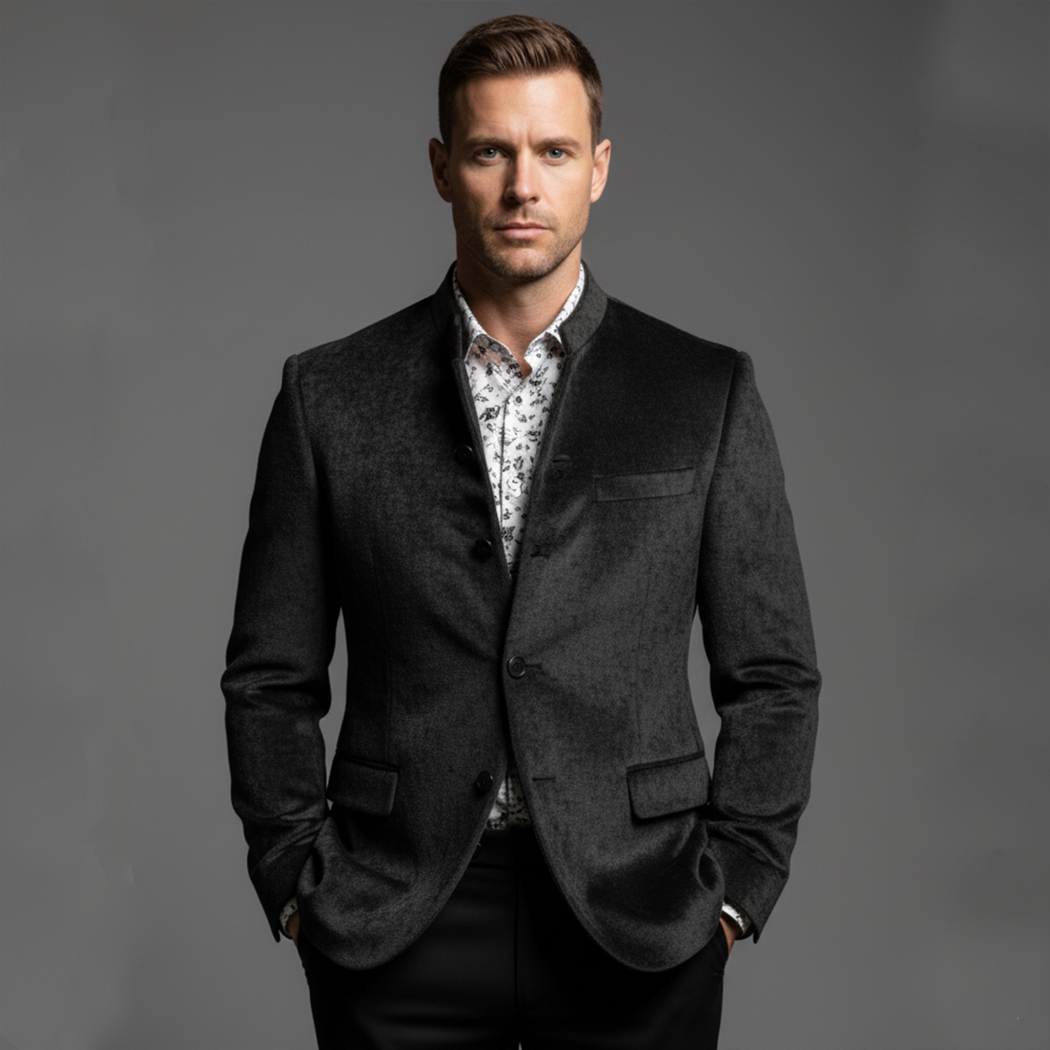 Men's Classic Light Business Chenille Blend Stand Collar Single Breasted Jacket MTA2272I9K