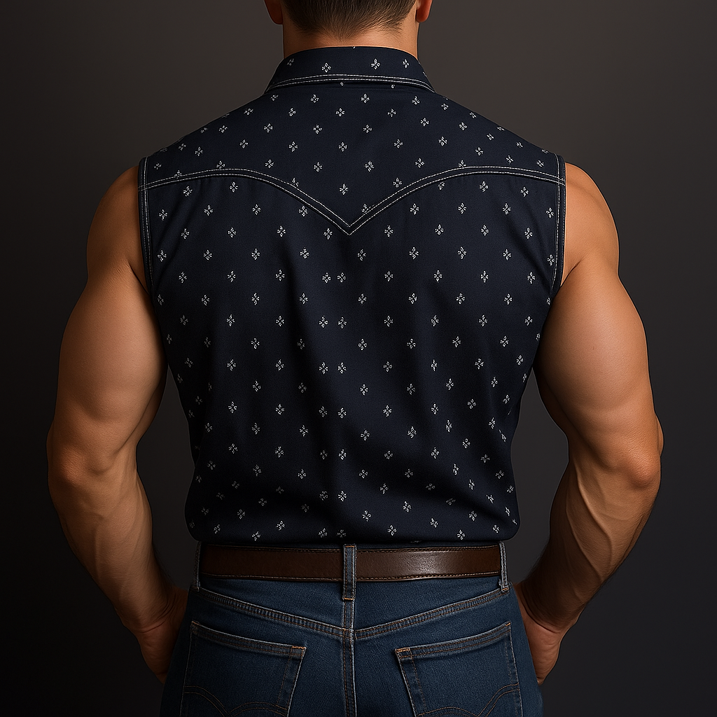 Men's Summer Western Denim Printed Cotton Blended Sleeveless Shirt MTA1442E3P