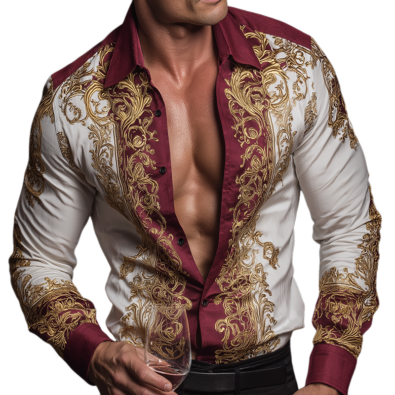 Men's Retro Casual Baroque Print Lapel Long Sleeve Shirt MTA3052G2TO