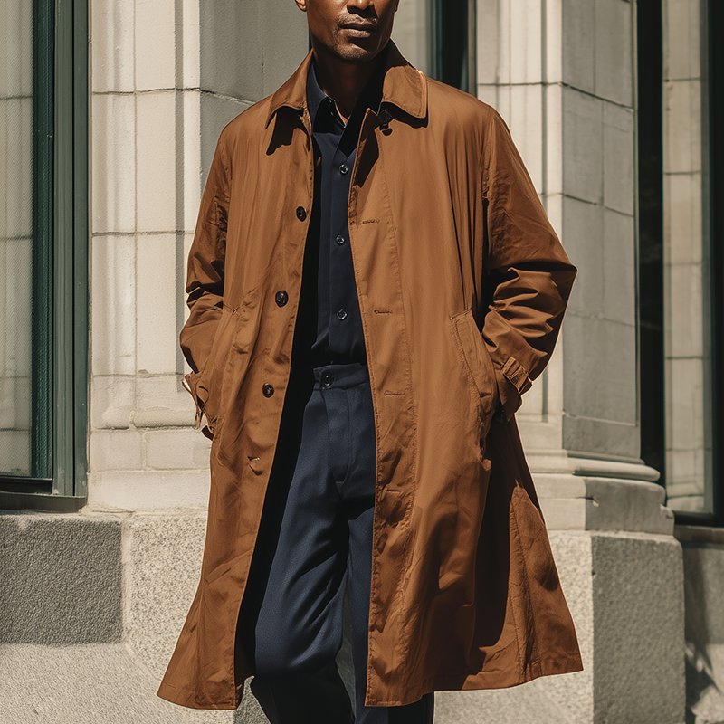 Men's Vintage Washed Solid Color Long Trench Jacket MTA1275H4P