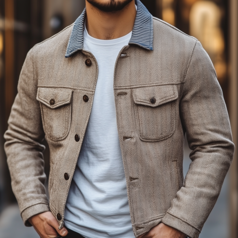 Men's Vintage Herringbone Striped Lapel Patchwork Single-breasted Slim-fit Jacket MTA0690H0M