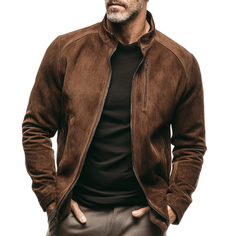 Men's Vintage Faux Suede Stand Collar Zip-Up Jacket MTA0679H9X