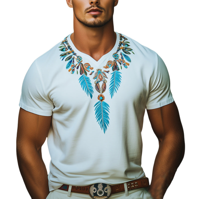 Men's Summer Indian Style Embroidered Short Sleeve T-Shirt MTA1015E2U