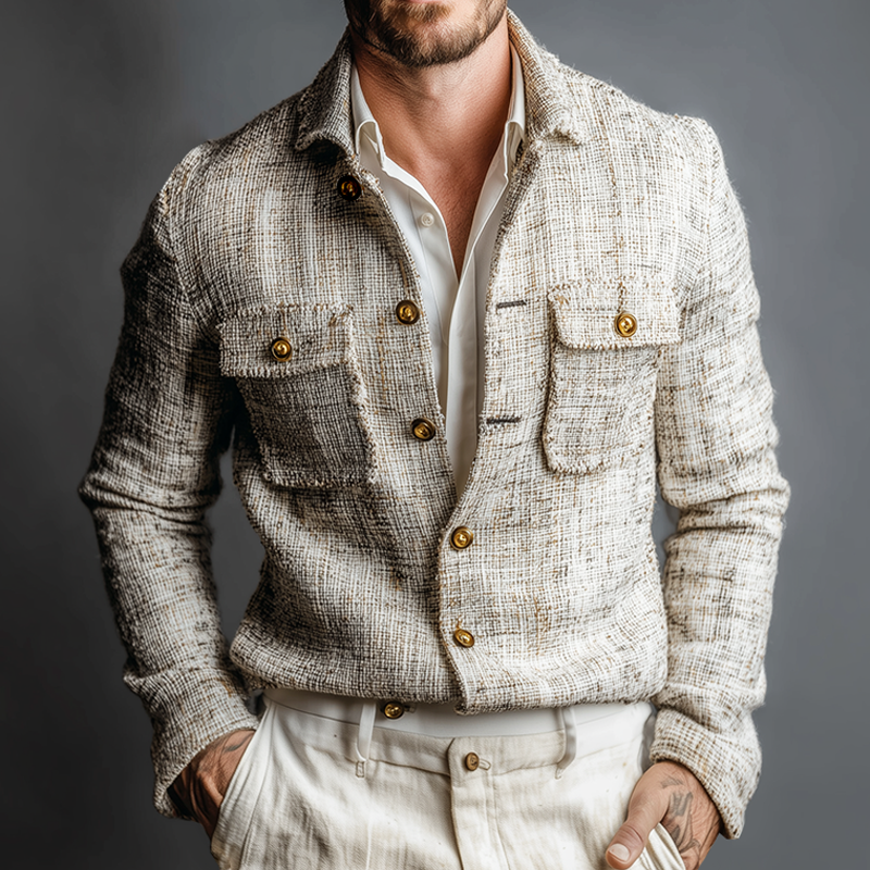 Men's Vintage Casual Tweed Lapel Pocket Button Shirt Jacket MTA2400J4TO