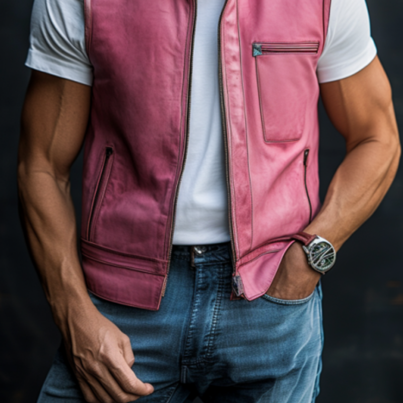 Men's Stylish Casual Stand Collar Multi-pocket Leather Vest 43888443K