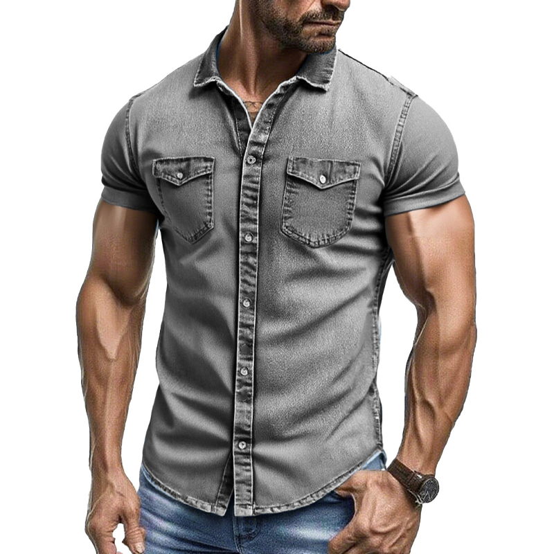 Men's Vintage Washed Short Sleeve Multi-Pocket Denim Shirt MTA2170F6X
