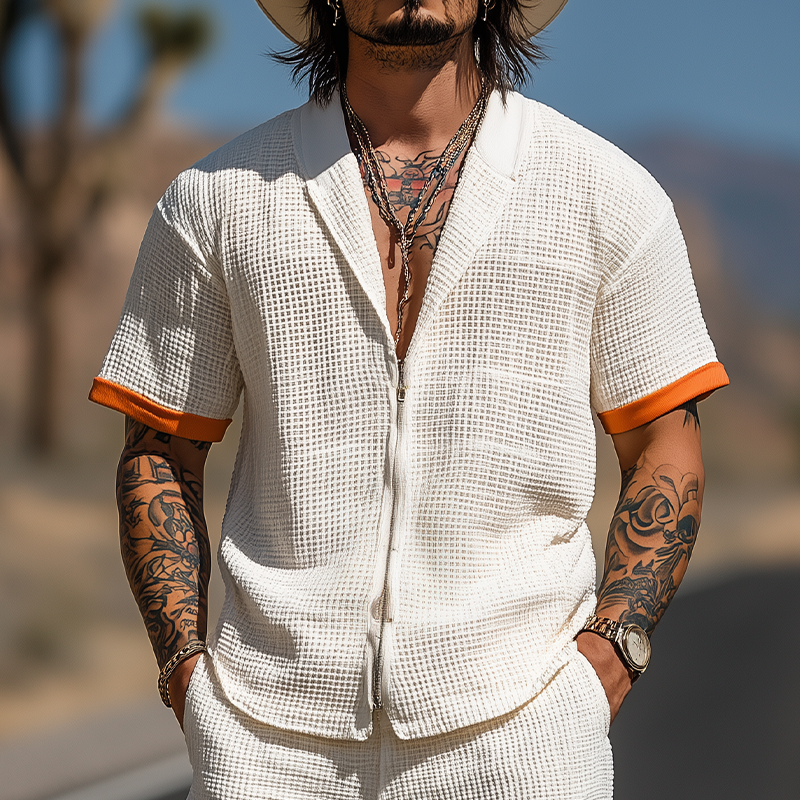 Men's Summer Fashion Casual Waffle Contrast Color Stitching Zipper Lapel Short-sleeved Shirt Elastic Waist Shorts Set MTA2951E4K