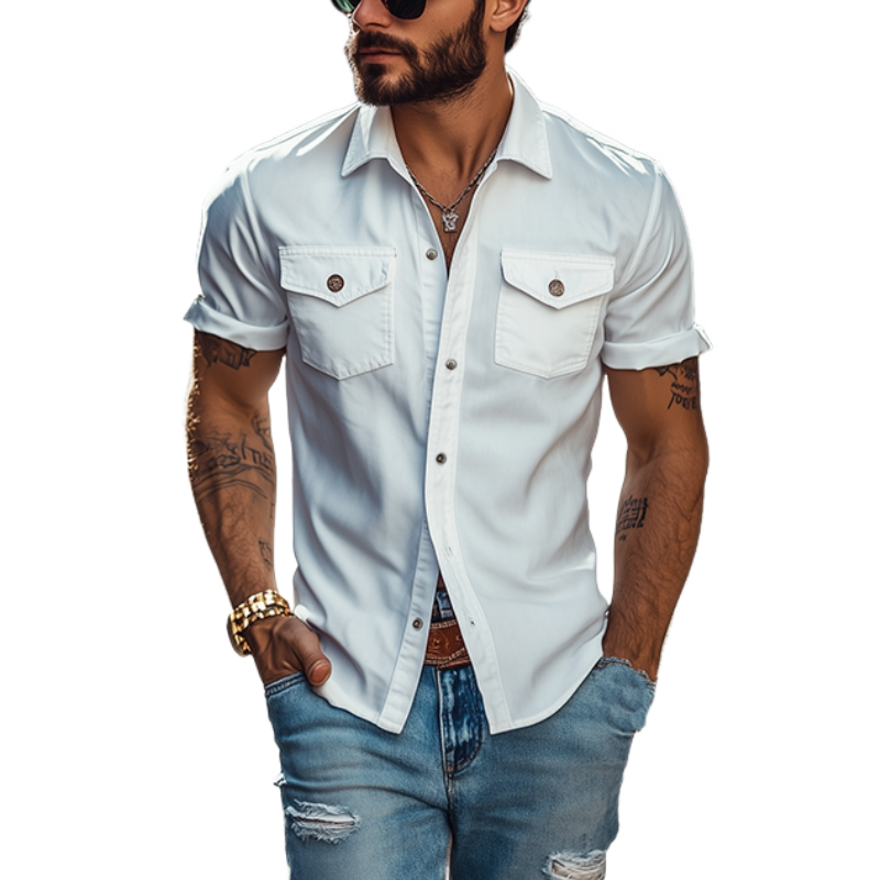 Men's Classic Casual Solid Color Slim Fit Multi-Pocket Short Sleeve Shirt 39582391K