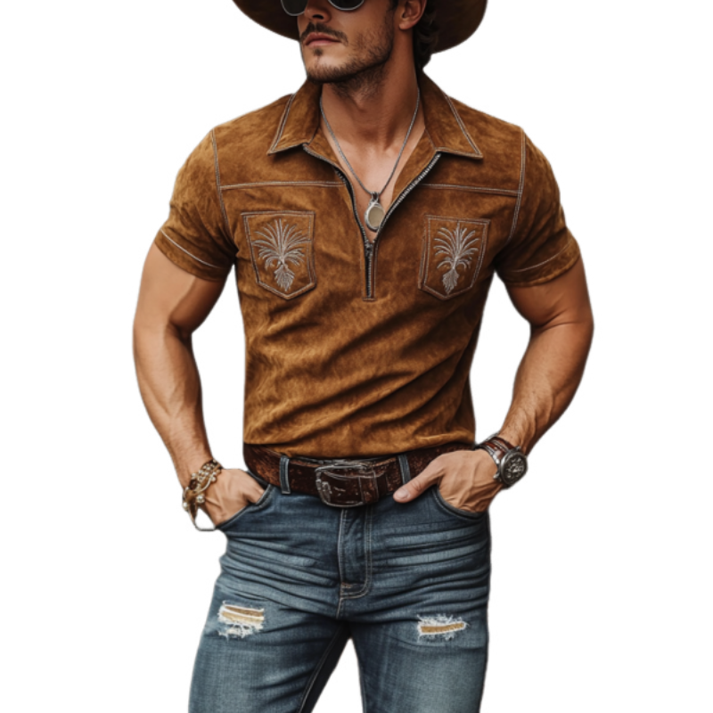 Men's Classic Western Style Embroidered Suede Slim Fit Polo Shirt 92676878K