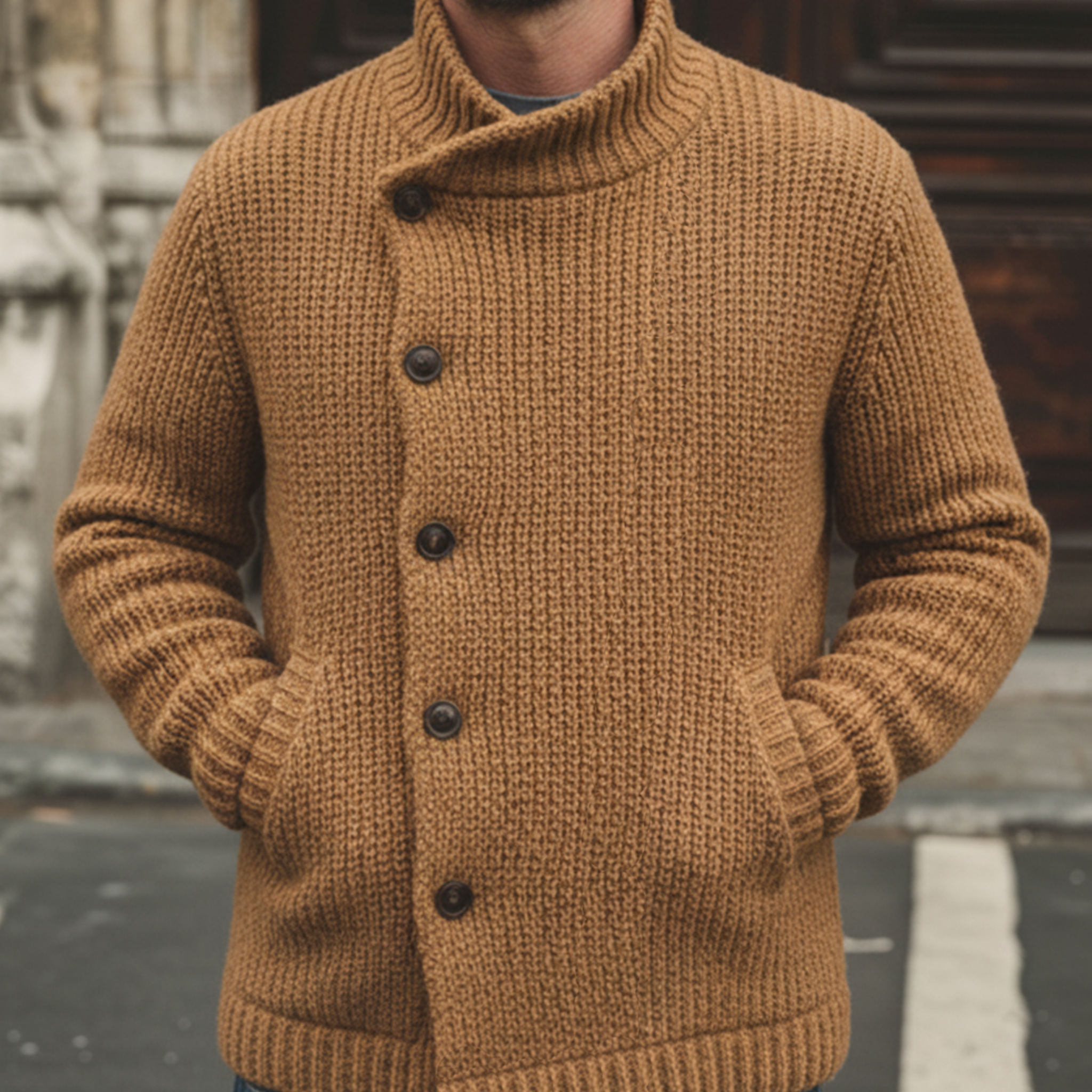 Men's Classic Stand-up Collar Slanted Placket Button-down Cardigan MTA0450L0K