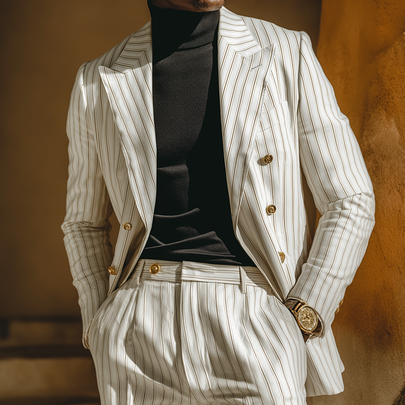 Men's Retro Casual Striped Double-Breasted Blazer MTA2470L9TO