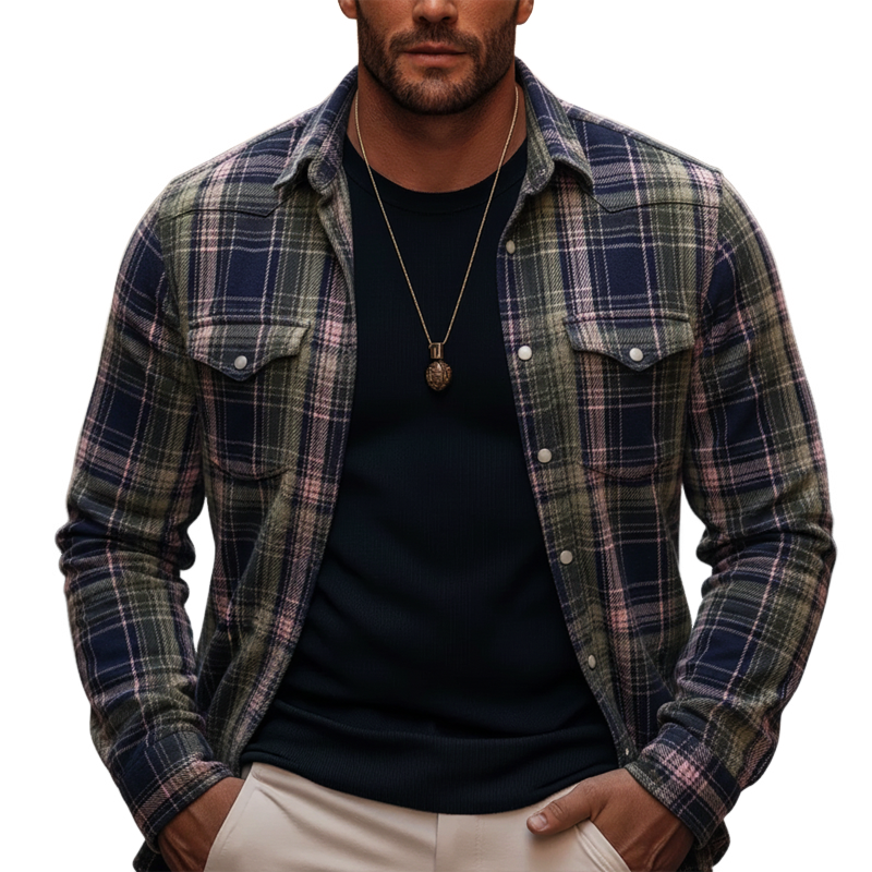 Men's Vintage-style Color-blocked Plaid Long-sleeved Casual Shirt MTA2681L5U