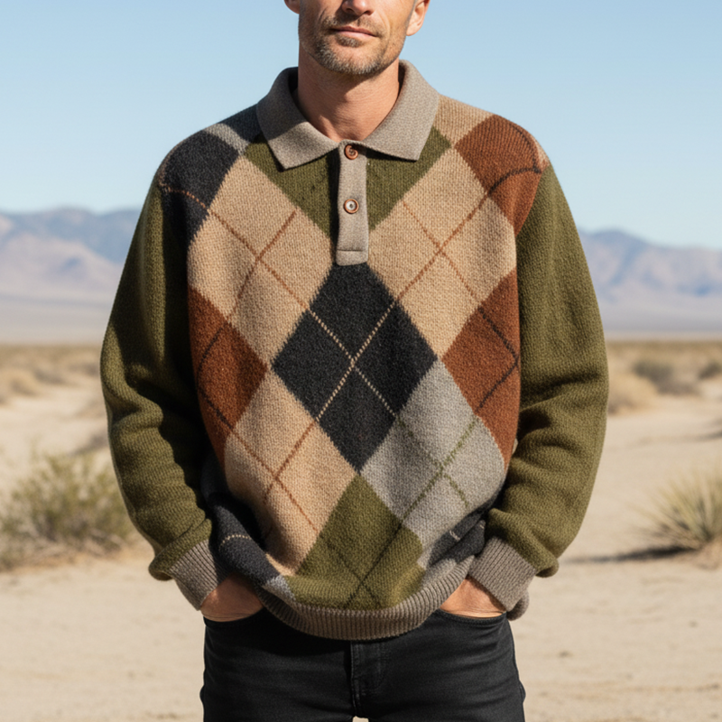 Men's Winter Fashion Diamond Pattern Cotton Yarn Knitted Henley Collar Loose Sweater MTA1054J2P