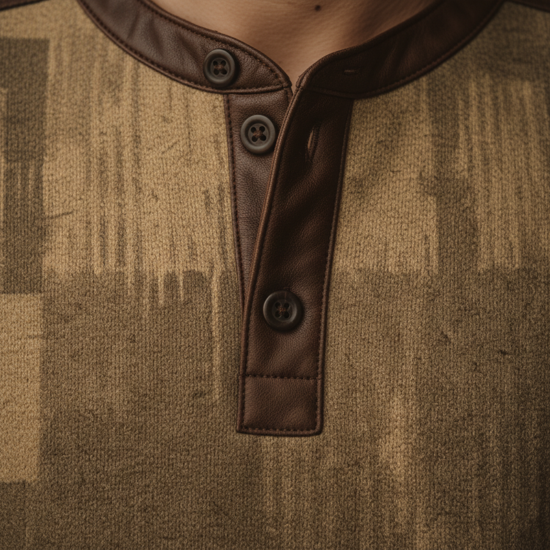 Men's Winter Fashion Polyester-blend PU-paneled Thermal Henley Collar Sweatshirt MTA2661I2P