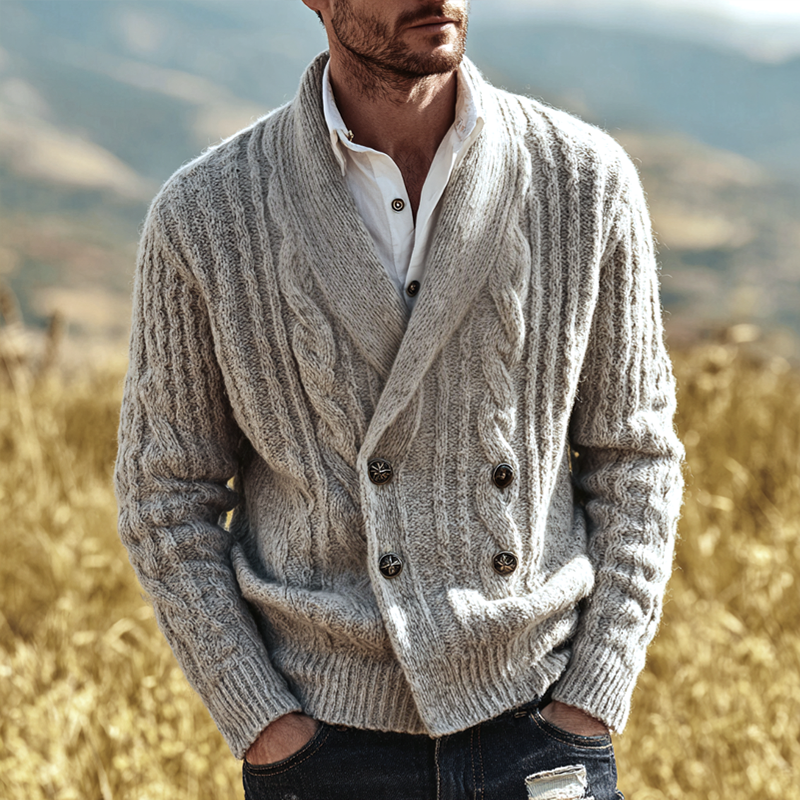 Men's Cable Knitted Shawl Collar Double Breasted Cardigan MTA0244I6Z