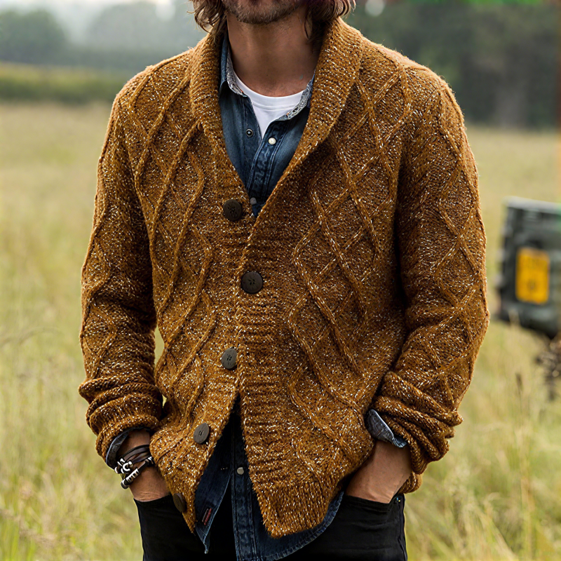 Men's Vintage Shawl Collar Single-Breasted Loose Diamond Jacquard Knit Cardigan MTA1156H6M