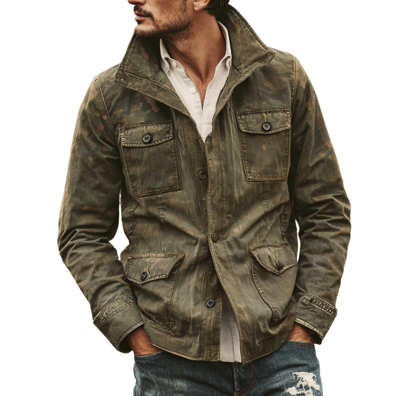 Men's Washed Camouflage Cotton Stand Collar Multi-pocket Cargo Jacket MTA0126I0Z