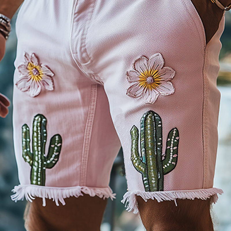 Men's Spring And Summer Fashion Casual Pink Washed Denim Three-Dimensional Flower Cactus Embroidered Shorts MTA1225F1K