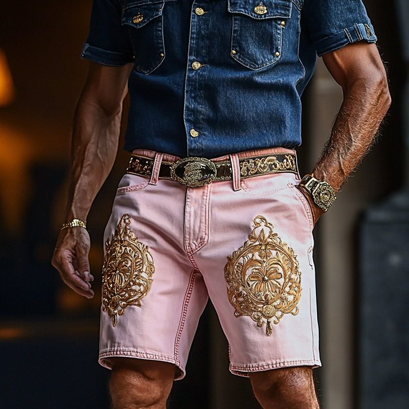 Men'S Fashion Retro Embroidered Straight Denim Shorts MTA0916E6Z