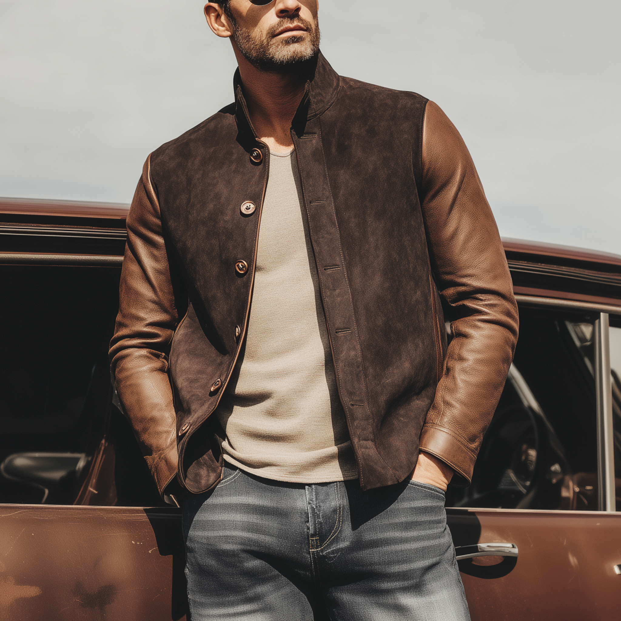 Men's Classic American Retro Western Style Sleeves Stitching PU Leather Stand Collar Suede Jacket MTA2057H1K