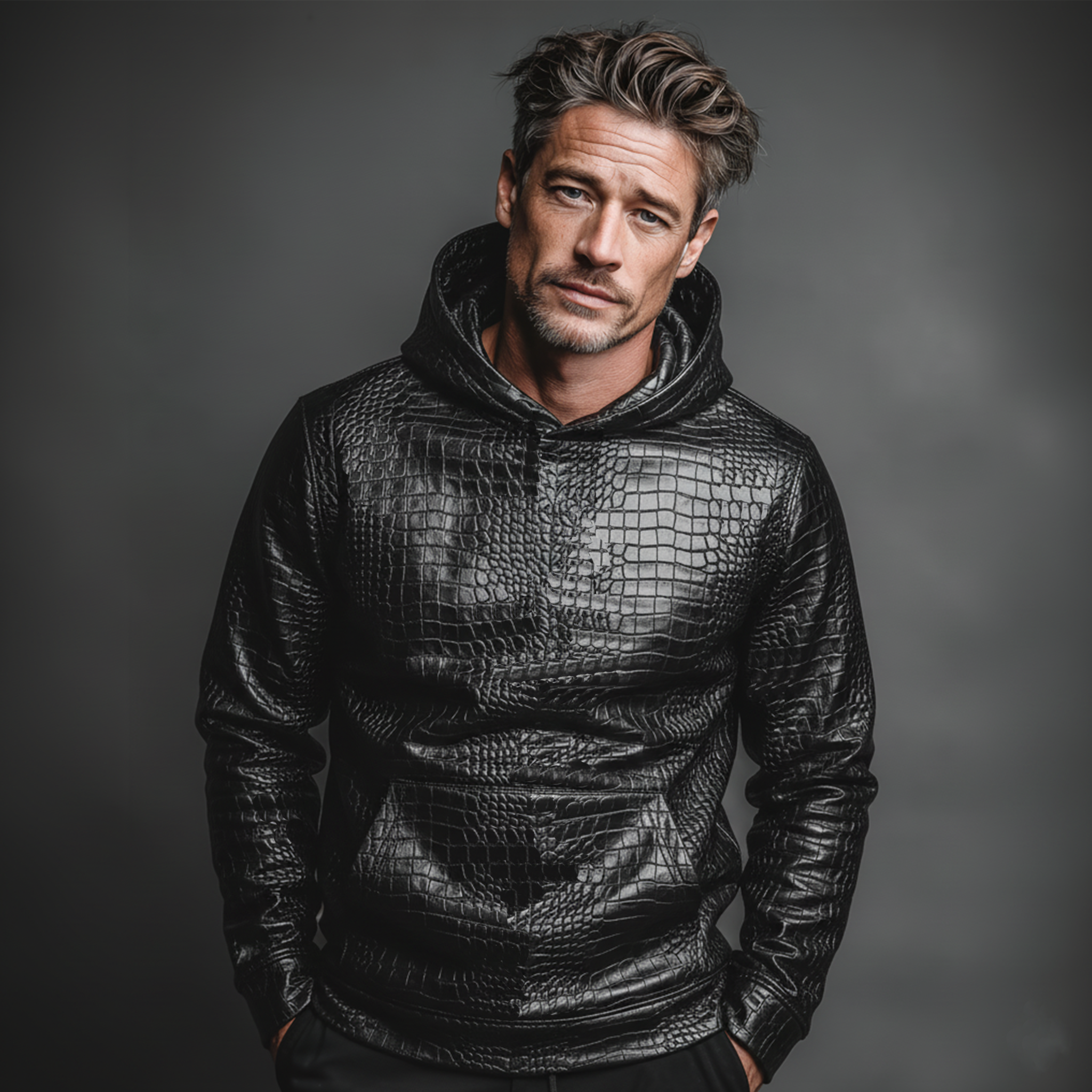 Men's Classic Casual Crocodile Leather PU Leather Hoodie MTA1638J2K